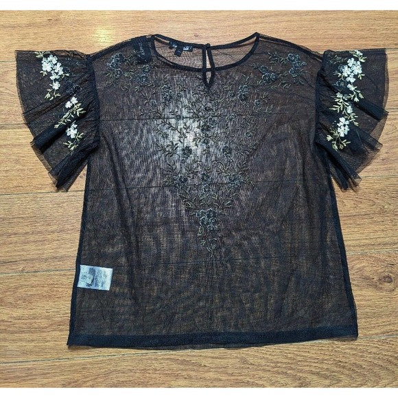 Express Top Blouse Black Embroidered Short Sleeve Floral Sheer Butterfly Size XS - Picture 4 of 7